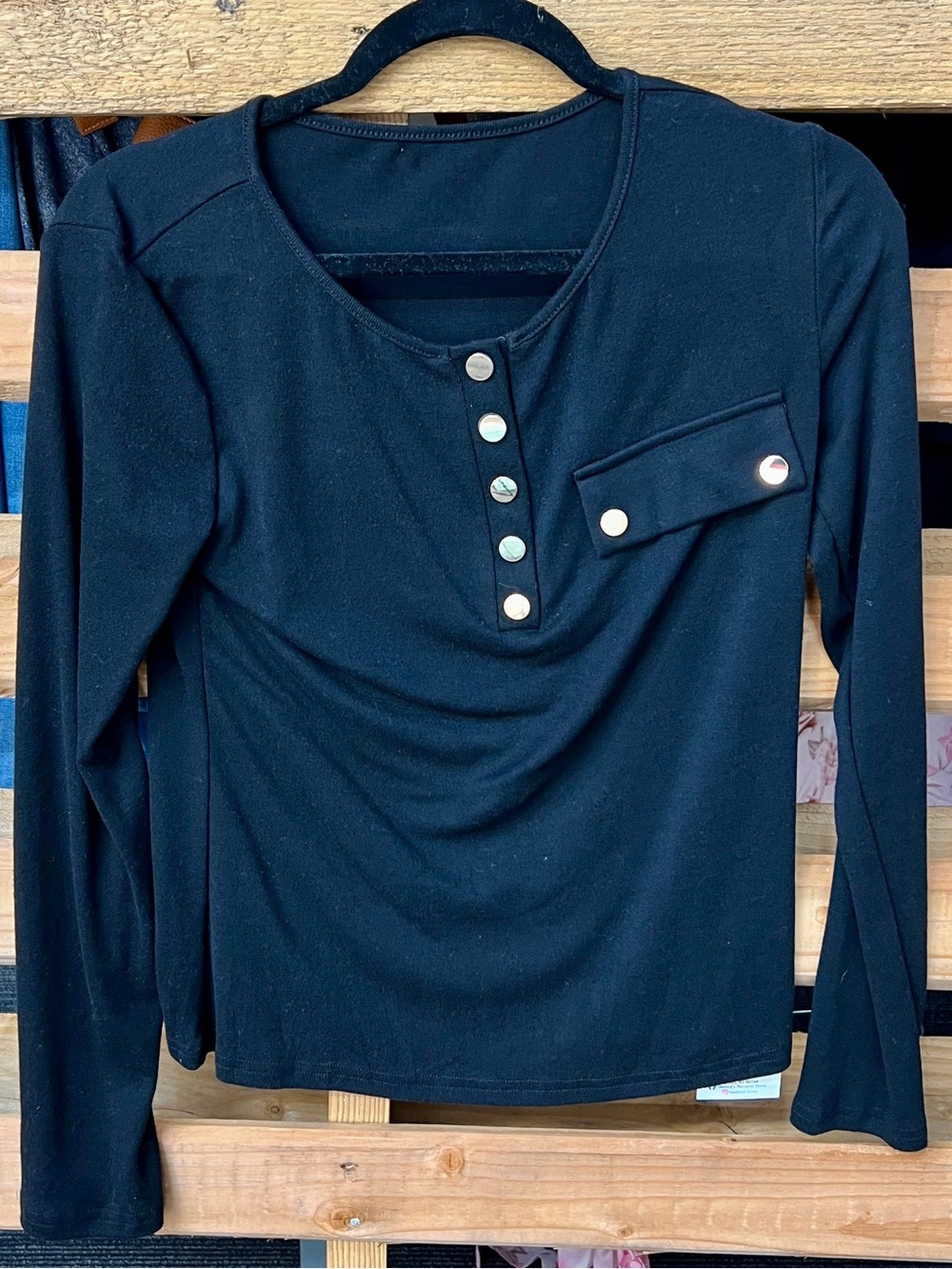 Black Long-Sleeve Button Detail Top with Chest Flap